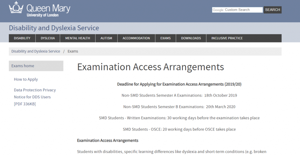 exam access arrangements screenshot